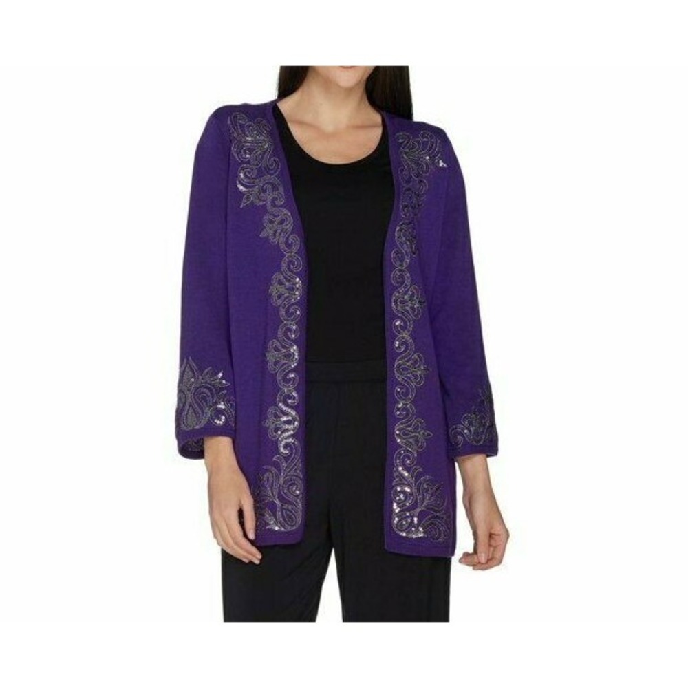 Bob Mackie's 3/4 Sleeve Open Front Cardigan w/Sequin Detail, XS,‎ Purple